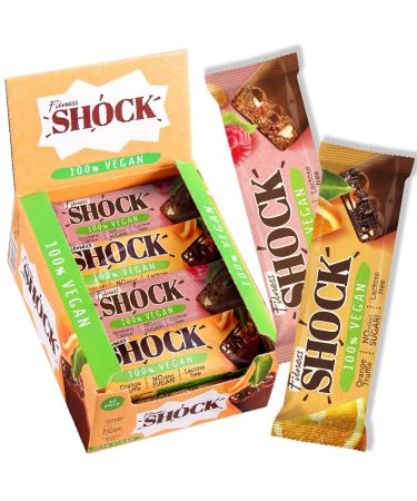 FitnesSHOCK Vegan Bar Mix Box 12-Pack Protein Bars with Oat Protein Nuts Orange/Raspberry No Added Sugar Fruit Bars 100% Vegan Natural Chocolate 9% Protein Lactose-Free 12x45g Mix Box 45g