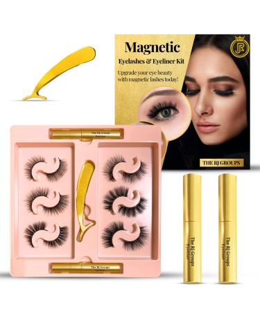 Magnetic Eyelashes & Eyeliner Kit - 6 styles of upgraded natural-looking 3D lashes waterproof liner  lashes with magnets for flawless finish Kit includes tweezer  eyeliner tubes reusable (6 Pairs)
