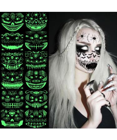 12 Sheets Halloween Face Tattoos Luminious Halloween Tattoos for Adults Kids Glow in The Dark Waterproof Halloween Temporary Tattoos for Horror Makeup Halloween Decor Party Supplies