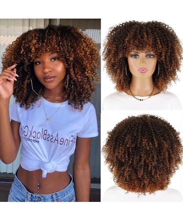 LINGHANG Short Curly Afro Wigs with Bangs for Black Women  Brown Afro Kinky Curly Wigs for Black Women Synthetic Heat Resistant Fluffy Brown Wigs (Ombre Brown)