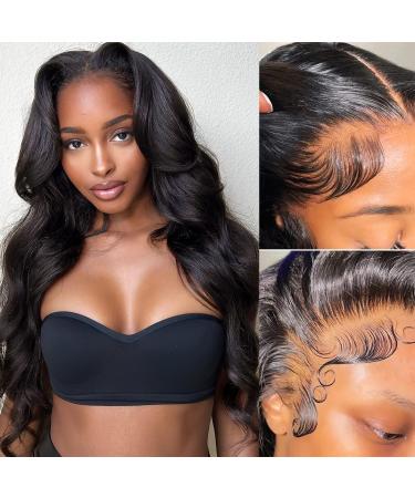 Sweibow Body Wave Lace Front Wigs Human Hair Pre Plucked 13x4 HD Lace Frontal Wig With Baby Hair 180% Density Brazilian Virgin Human Hair Lace Front Wigs For Women Glueless Wigs Natural Black 22 Inch