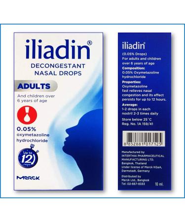 Iliadin Nasal Decongestant Drops 0.05% for Adult and Childern Over 6 Years of Age (0.34 Ounces with Dropper Cap) Composition: 0.05% Oxymetazoline Fast Relieves Nasal Congestion and Its Effect Persist