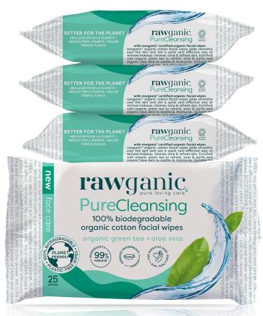 RAWGANIC Refreshing Facial Wipes | Fragrance-free Biodegradable Organic Cotton Wipes with Aloe Vera and Green Tea | 4 Packs of 25 (100 wipes) 25 Count (Pack of 4)