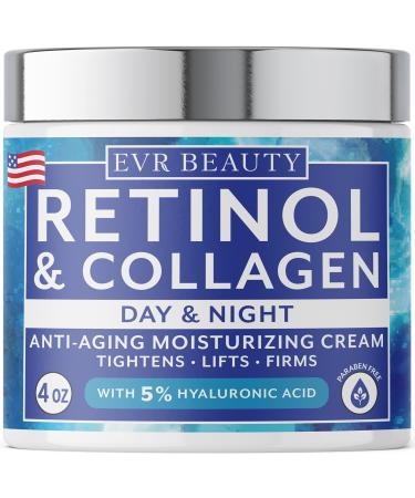 EVR Beauty - The Best Retinol and Collagen Anti Aging Face Moisturizer Cream - Anti Wrinkle Cream for Women and Men with Hyaluronic Acid - Use Day and Night - 4 ounces