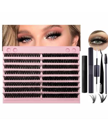 Lash Extension Kit Fluffy Eyelash Extension Kit 60D+80D Thick Lash Clusters Kit with Lash Bond and Seal Glue Wispy Individual Eyelashes Cluster with Lashes Tweezers