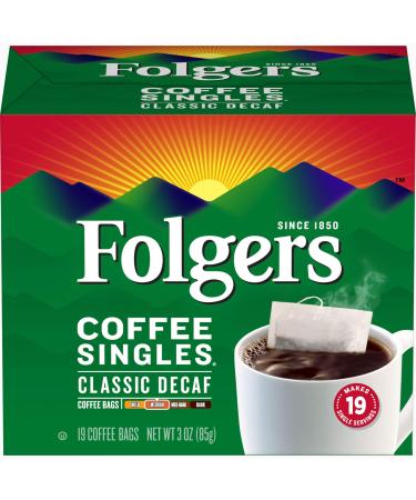 Folgers Coffee Singles Classic Decaf Medium Roast Coffee, 19 Single Serve Coffee Bags 19 Count (Pack of 1)