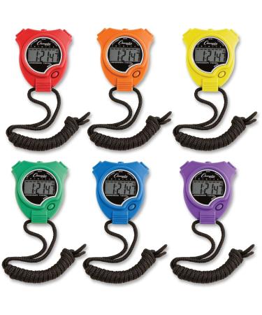 Champion Sports Stopwatch Timer Set: Waterproof, Handheld Digital Clock Sport Stopwatches with Large Display for Kids or Coach - Bright Colored 6 Pack Assorted