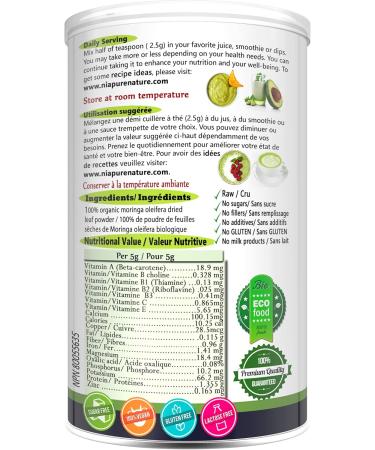 Nia Moringa - 100% Organic Moringa Oleifera Leaf Powder 227g - Organic Moringa Powder - Nutrious Supefood Powder - Nutrient-Rich Essential Vitamins Minerals and Antioxidant Supplement - Vegan - Buy Online on GoSupps.com