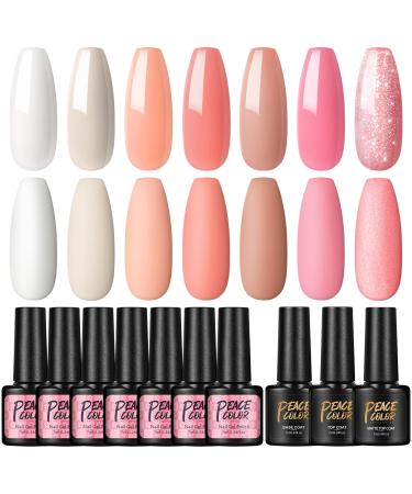 PEACECOLOR 7ML Nail Gel Polish Set 7Pcs with Top and Base Coat Matte Top Coat Kit Gel Nail Polish Starter Kit Glitter Gel Polish Soak Off Nail Base Coat Glossy Matte Top Coat for Women DIY Nail Art XA45