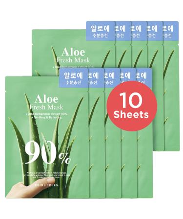 BRING GREEN ALOE 90% Fresh Mask (10 Count) - Daily Skincare Facial Mask Sheet for Soothing Moisturizing Nourishing Sensitive & Irritated skin with Natural Ingredients Vitmain C A D all Natural Fiber Sheet (0.7 fl....