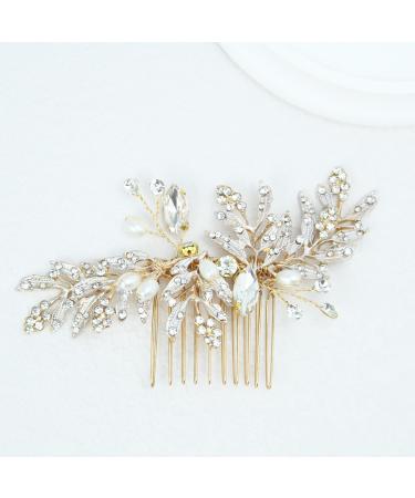 PTORIZNY Wedding Rhinestone Hair Comb Crystal Pearl Bride Hair Combs Gold Side Hair Combs Leaf Headpiece Bridal Hair Accessories for Women and Girls