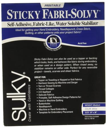 Sulky Fabri-Solvy stabilizer, 20" x 36", White 20" x 36" White