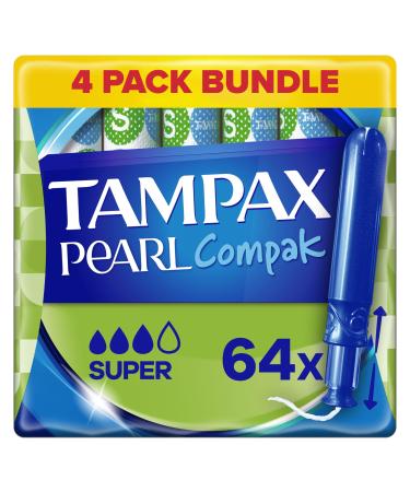 Tampax Compak Pearl Tampons Super With Applicator 64 Tampons (16 x 4 Packs) Leak Protection And Discretion