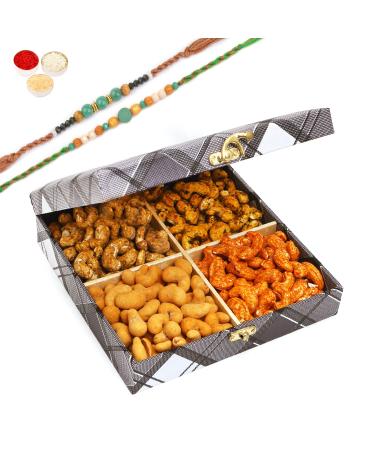 Ghasitaram Gifts Rakhi Gifts for Brothers Cross Check Wooden Dryfruits Box with Assorted Cashews with 2 Green Beads Rakhis Dryfruits Box with Assorted Cashews with 2 Rakhis