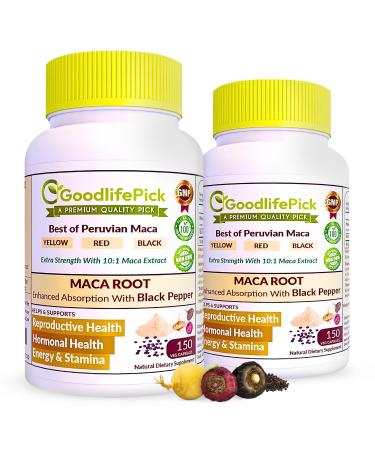 Peruvian Maca Root Capsules with Black Pepper 150 ct. Premium Yellow Red & Black Red Powerful 10:1 All Type Maca Extract All Natural Non-GMO Vegan NO Rice Powder NO Stearate NO Silicon (Pack of 2) 150 Count (Pack of 2)