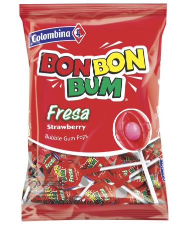 Goya Bon Bon Bum Round Lollipops with Chewing Gum Heart (Strawberry) Colombina/Colombia 24 Lollipops