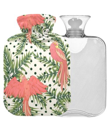 Naanle hot water bottle with cover palm leaf parrots Transparent hot water bottle 2l large hot water bottle for menstrual cramps pain relief handfoots heat and cold therapy 2 l