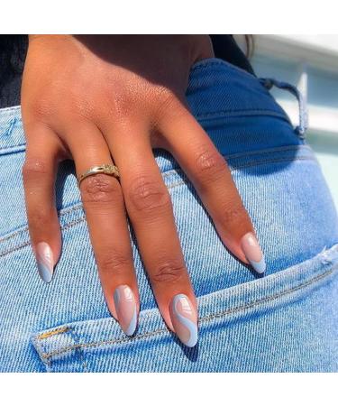VOTACOS Medium Round Nude Fake Nails with Blue Wave Design - Glossy Full Cover Press on Nails for Women - Buy Online on GoSupps.com