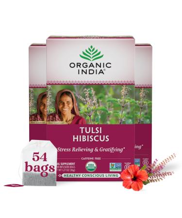 ORGANIC INDIA Tulsi Hibiscus Tea Bags - Holy Basil Herbal Tea Stress Relieving Calming Immune Support USDA Organic Caffeine Free -18 Bags 3 Pack Hibiscus 18 Count (Pack of 3)