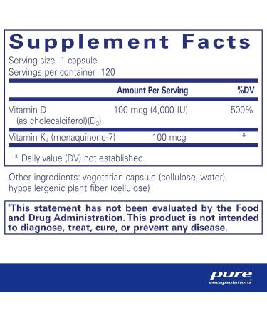 Pure Encapsulations Vitamin D3 & K2 Capsules for Bone and Vascular Health - 120 Count - Buy Online on GoSupps.com