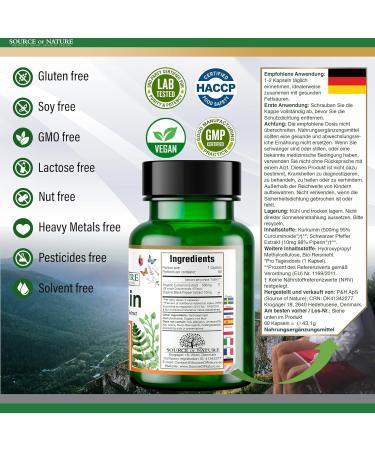 Curcumin 500mg - Source of Nature - 60 Capsules for Inflammation Relief - 95% Pure Curcuminoids with Piperine - EU Made - 2-Month Supply - Dietary Supplements - Buy Online on GoSupps.com