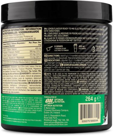Optimum Nutrition Electrolyte Powder Lemon ReadytoUse Formula Sodium Magnesium Potassium Nutritional Supplement for Workouts and Intense Training 264 g 33 Servings - Buy Online on GoSupps.com
