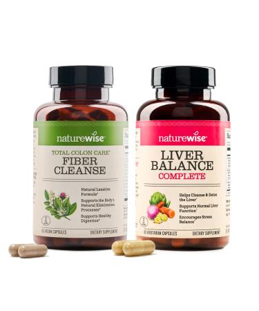 NatureWise 1 Total Colon Care Fiber Cleanse - Natural Laxative - 60 Capsules 30-Day Supply + 1 Liver Balance - Milk Thistle Dandelion Turmeric - 60 Capsules 30-Day Supply