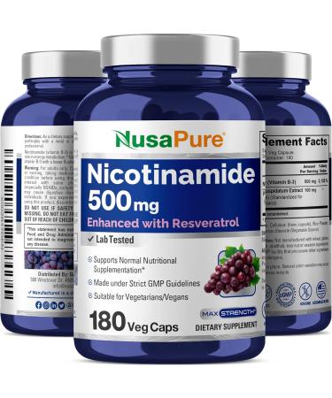 NusaPure Nicotinamide with Resveratrol (Vitamin B-3) 500 mg - 180 Vegetarian Caps (Non-GMO & Vegan) - Buy Online on GoSupps.com
