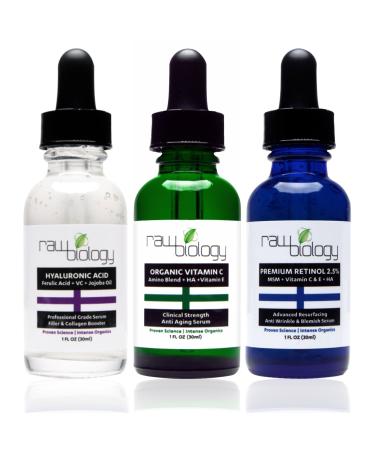 Raw Biology Organic Liquid Facelift with Vitamin C Serum Retinol and Hyaluronic Acid for Skin 1 Fl Oz (Pack of 3)