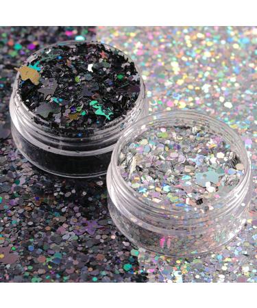 Buy Silver & Black Holographic Chunky Glitter - Cosmetic Body Hair Face Eye Nail - Festival & Rave Accessories (4 Pots 32g) + Quick Dry Primer Gel - Buy Online on GoSupps.com