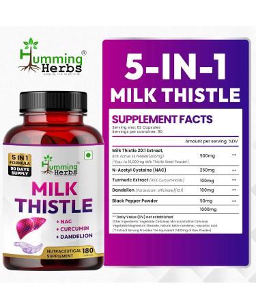 Humming Herbs Milk Thistle Supplement 1000Mg 5-in-1 Formula with NAC Curcumin Dandelion & Black Pepper 180 Capsules - Buy Online on GoSupps.com