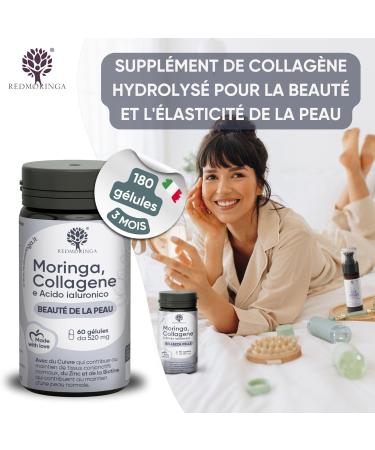 Collagen and Hyaluronic Acid with Copper Zinc Biotin Vitamin A B2 B3 C Moringa Bio | Supplement for Skin and Joints | Anti-Wrinkle | Made in Italy RedMoringa (180 Capsules) - Buy Online on GoSupps.com
