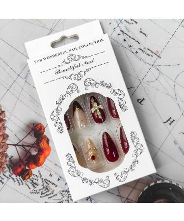 Shop Medium Press on Nails - Almond Acrylic Nails with Gold Burgundy French Tips & 3D Charms - Perfect Glue on Nails for Women - Buy Online on GoSupps.com