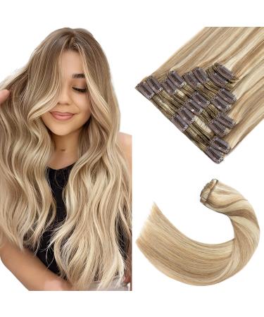 Elailite clip in Extensions real hair double broken thick volume hair extension smooth 40cm 130g #12/613 golden brown & bleached blonde blonde 40cm golden brown & bleached blonde