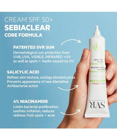 SVR SEBIACLEAR Factor 50+ Sun Cream - Mattifying Anti-Blemish Face Sunscreen for Acne-Prone Oily + Combination Skin with 4% Niacinamide 40ml - Buy Online on GoSupps.com