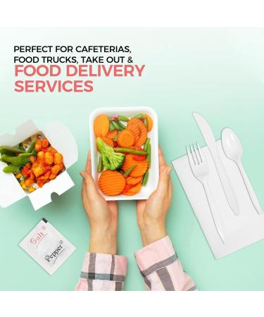 Value Plus (500 Count) 6 Piece Disposable Plastic Cutlery Set White Knife Fork Spoon Napkin Salt and Pepper Sachet Individually Wrapped Cutlery Kits Bulk Cutlery Set for Takeaway - Buy Online on GoSupps.com