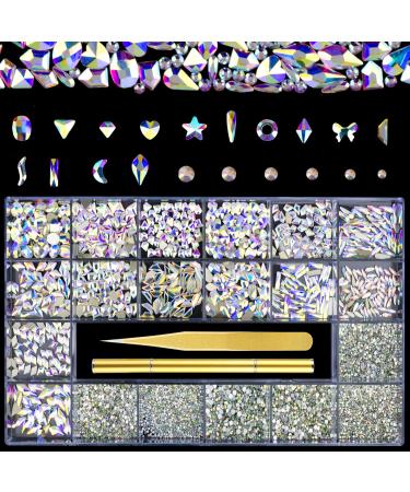 9340 Pcs Rhinestones for Makeup Glitter Nail Gems Nail Jewels Nail Crystals Nail Diamonds for Nails Shiny AB Nail Rhinestone Design Kit with Tweezers Packaged in Nail rhinestones storage box. Crystal AB