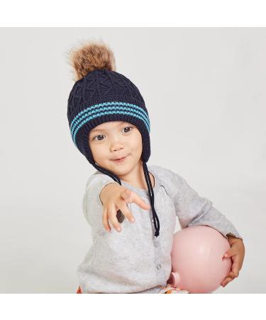 LANGZHEN Toddler Winter Hat Earflap Knit Cap Fleece Lined Beanie Navy-Pompon | Baby Boys Girls 1-2 Years - Buy Online on GoSupps.com