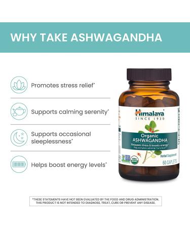 Himalaya Organic Ashwagandha Stress Relief Supplement - 2 Month Supply | USDA Certified Organic, Non-GMO, Gluten-Free | 100% Ashwagandha Powder & Extract - 670mg, 60 Caplets - Buy Online on GoSupps.com