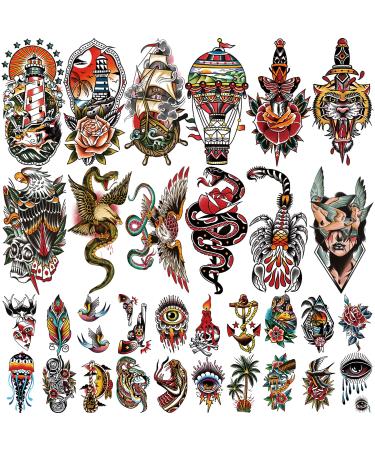 Classic 77 Sheets Temporary Tattoo  17 Sheets Half Arm Shoulder Fake Tattoos  60 Sheets Tiny for Womens Men Sailor Snake Vintage Roses Butterflies Skull Eagle Waterproof Tattoos Stickers for Kids Girls Boys