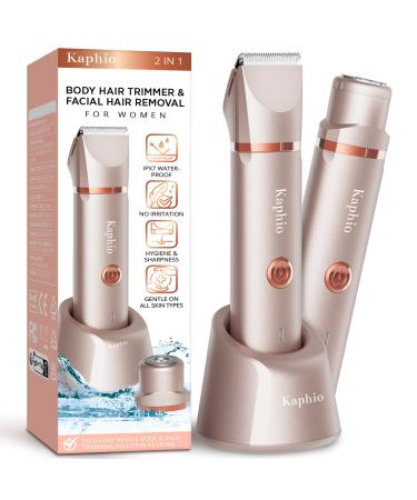 Electric Bikini Trimer Shaver Women: 2 in 1 IPX7 Waterproof Wet & Dry Use Body Hair Trimmer and Facial Hair Remover - Rechargeable Hair Removal Kit for Bikini Underarm Leg Arm Body Face (Rose Gold)