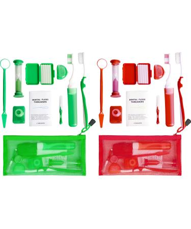 Uouovo Portable Orthodontic Oral Care Kit for Braces -2 Orthodontic Care Set - Dental Braces Kit  Interdental Brush Dental Wax Dental Floss Toothbrush Cleaning Kit(Green & Red)