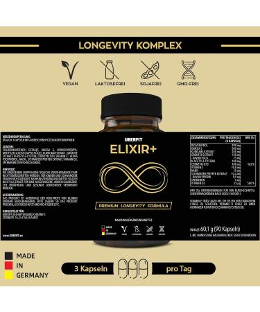 Uberfit ELIXIR+ Longevity Capsules - Premium Resveratrol 490mg Spermidine 5mg NADH Omega 3 CoQ10 Vitamin D3 & E Turmeric - 90 Vegan Capsules for Enhanced Wellness - Buy Online on GoSupps.com