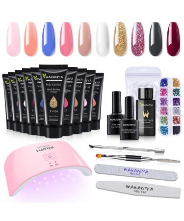Poly Gel Nail Kit With UV Lamp 10 Colors Nude Pink Quick Nail Extension Gel Builder,Slip Solution,Base Top Coat,Nail Forms,for Beginners Starter Complete Poly Gel Set Nude Pink Glitter Colors