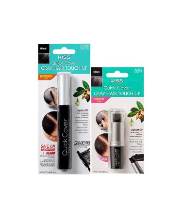 Kiss Quick Cover Gray Hair Touch Up, Moisturize and Shine, Brush Type & Stick Type Set (Black) # Black Set
