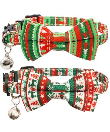 Casidoxi 2 Pack Cat Christmas Collars Breakaway with Bell, Xmas Plaid Bowtie Cat Safety Collars for Kitten Reindeer stripe+Xmas Tree Stripe