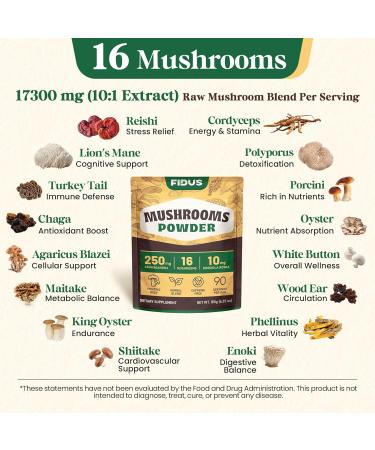 Fidus 16 Mushroom Supplement Powder with 17,300mg, 90 Day Servings Mushroom Coffee Alternative for Immunity, Focus & Energy with Ashwagandha, Lion's Mane, Chaga and Reishi, 100% Fruiting Bodies 6.7 Ounce (Pack of 1) - Buy Online on GoSupps.com