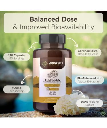Organic Tremella Mushroom Capsules Supplement (120) | Fruiting Body 10:1 High Strength Snow Fungus Extract | 10% Beta-D Glucans | 9 000mg Raw Equivalent Per Serving | Skin Hydration & Brain Support - Buy Online on GoSupps.com