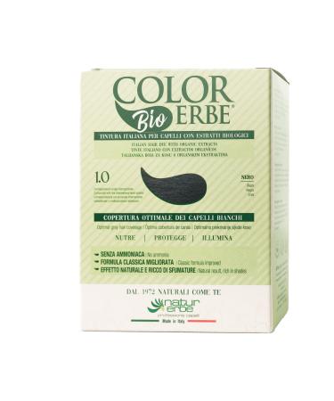 Colorerbe permanent dye with extract. bio Black (1.0) in Gel Without Ammonia Resorcin Parabens Optimal Coverage of White Hair Nourishes Protects Illuminates MadeInItaly