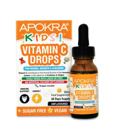 Vitamin C Drops - Vegan - 60 Days Supply 30mL Preservative Free and Sugar Free Vitamin C for Kids - VIT C 25mg per 0.5mL | APOKRA Kids